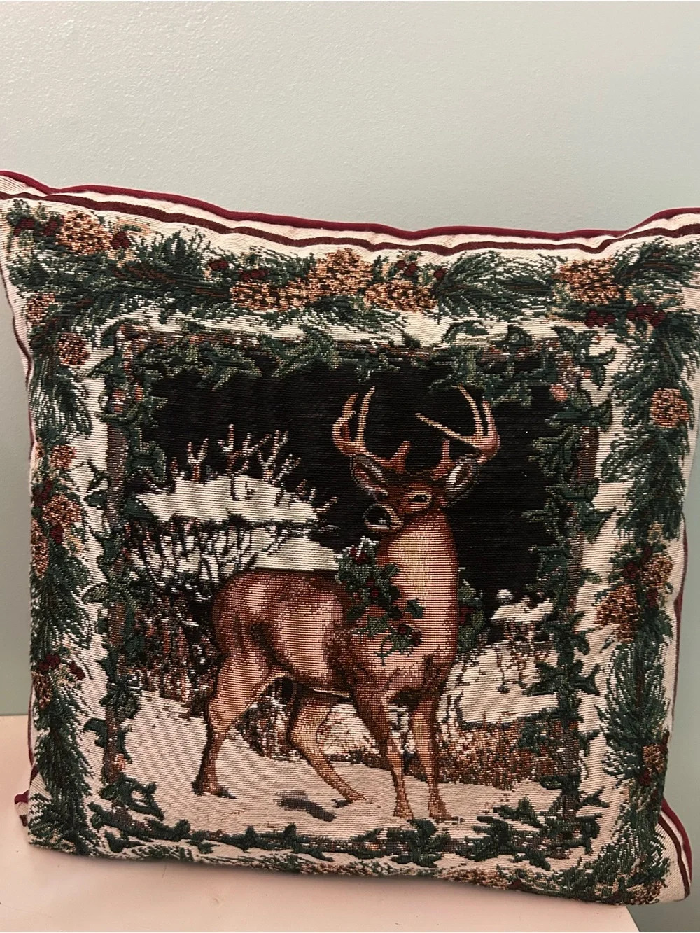 Deer Buck Stag Pine Cone Ivy Tapestry Pillow Christmas Holiday Winter 17x17”